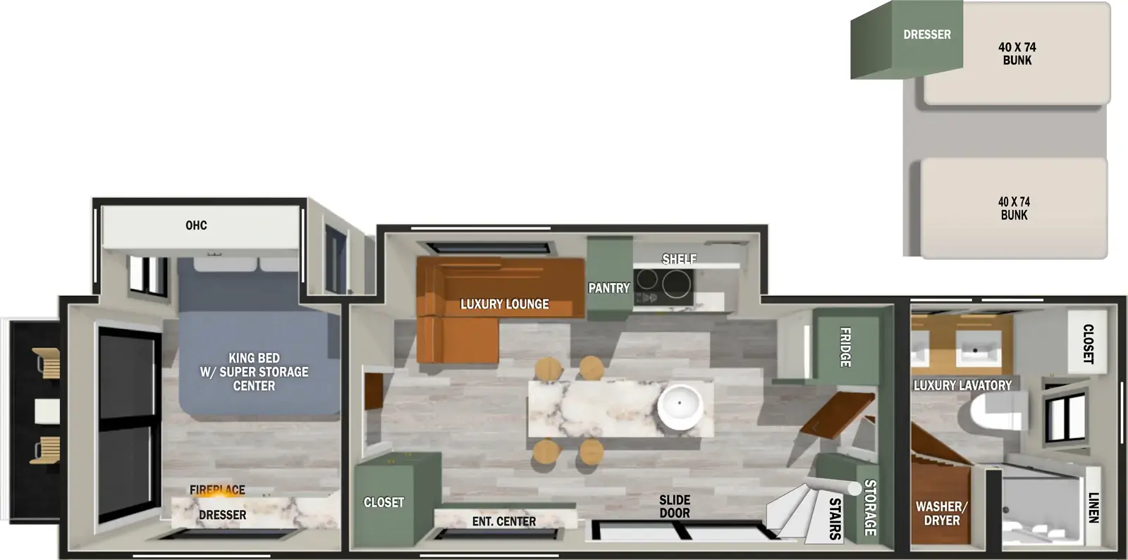 The Ibex RVS3 floorplan has two entries and two slide outs. Exterior features include: fiberglass exterior and 18' awning. Interiors features include: loft, kitchen island and rear bedroom.